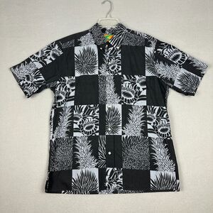 Kiholo Kai Mens Large Hawaiian Aloha Button Down Shirt Black White Floral Casual